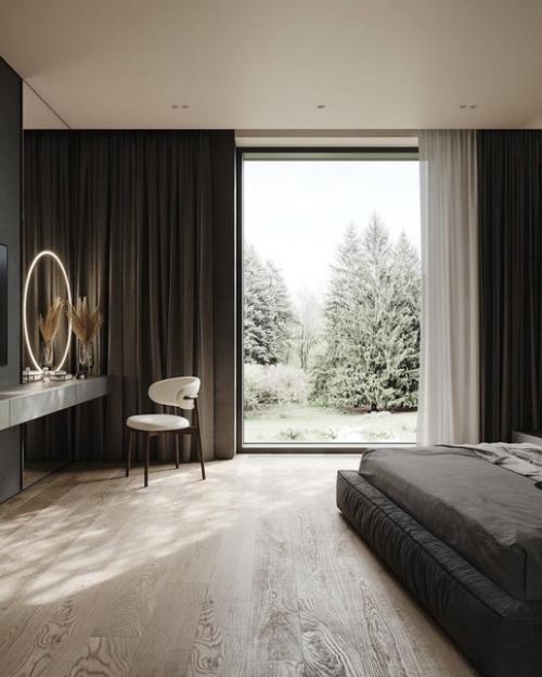 Интерьер спальни в загородном доме в тёмных тонах. 04