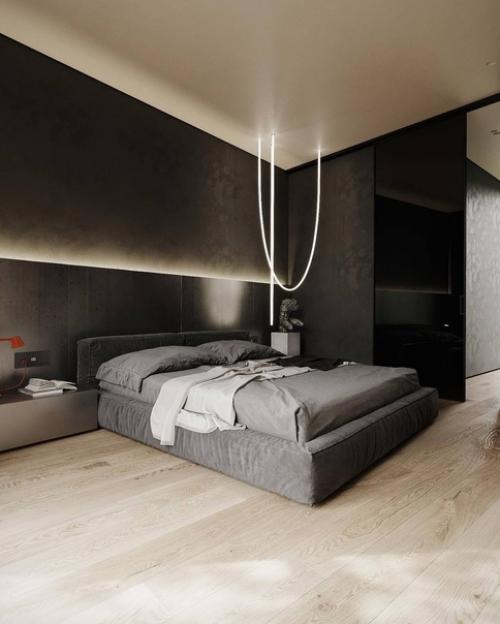 Интерьер спальни в загородном доме в тёмных тонах. 08