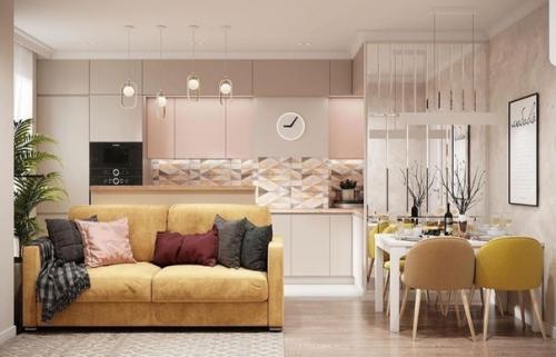 Стильный светлый бежевый интерьер кухни - гостиной с яркими деталями интерьера и мебелью. 01