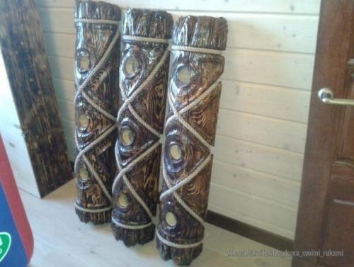 Таким образом, если немного доработать обыкновенное бревно, то может получиться очень интересная по дизайну люстра. 05