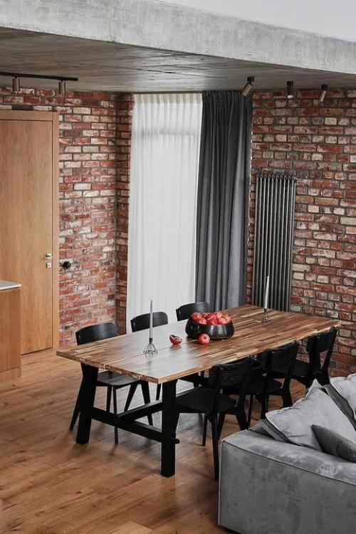 Загородный дом.  Интерьер, в котором бетон и кирпич без отделки соседствуют с минималистской мебелью и уютным текстилем. 03