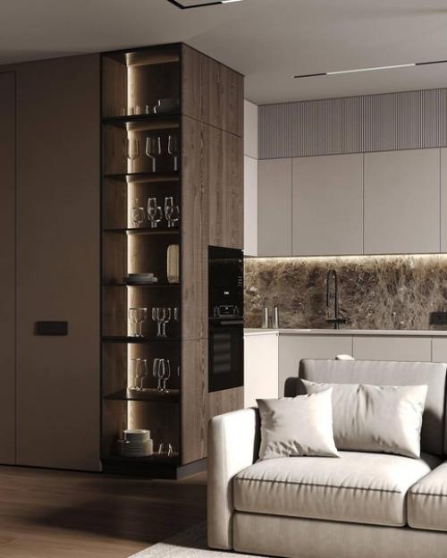 Интерьер кухни гостиной с приятной подсветкой и цветовым решением. 02