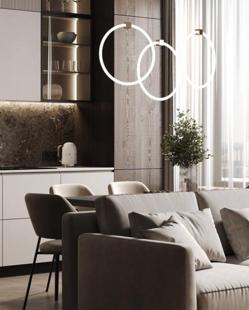 Интерьер кухни гостиной с приятной подсветкой и цветовым решением. 01