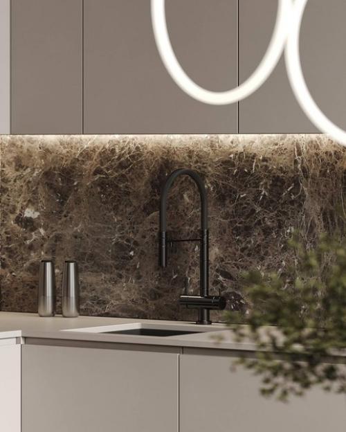 Интерьер кухни гостиной с приятной подсветкой и цветовым решением. 04