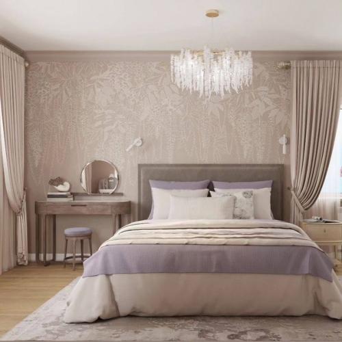 Современный интерьер спальни в светло-бежевых тонах. 03