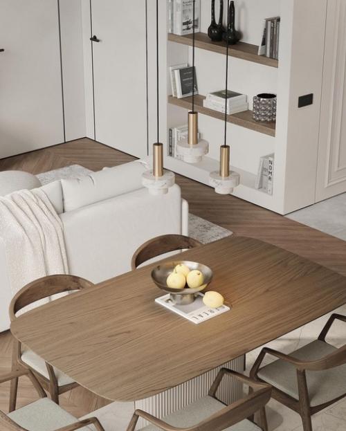 Светлый стильный интерьер кухни - гостиной с приятным сочетанием оттенков. 05