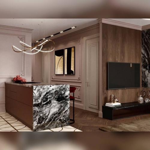 Интерьер зоны кухни - гостиной в квартире площадью 80 m. глубокий, чувственный, создающий атмосферу …. 02