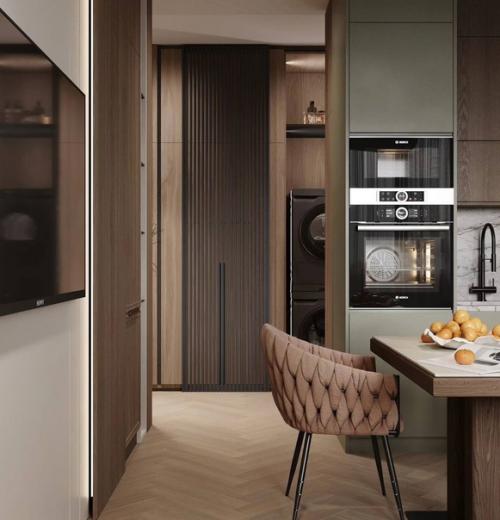 29 кв.  м. кухня - гостиная и коридор в светло-бежевых тонах. 03