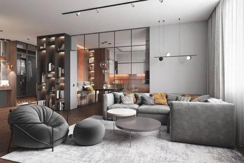 Современный интерьер просторной кухни - гостиной с насыщенным ярким фартуком. 04