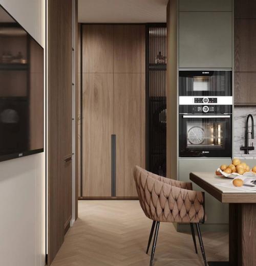 29 кв.  м. кухня - гостиная и коридор в светло-бежевых тонах. 01