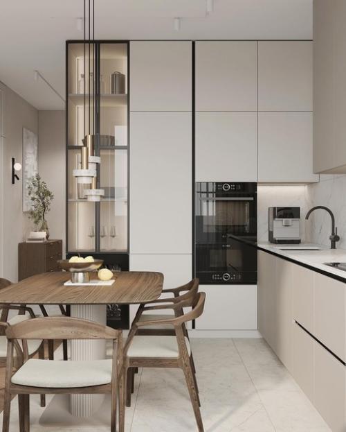 Светлый стильный интерьер кухни - гостиной с приятным сочетанием оттенков. 01