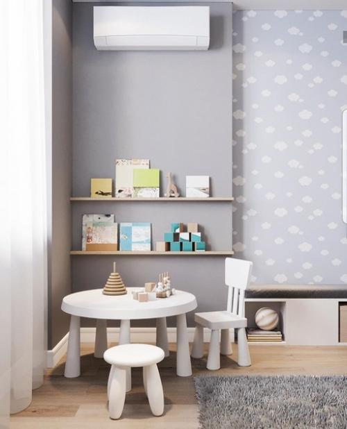 Аккуратный и функциональный интерьер детской комнаты в нейтральных цветах. 01