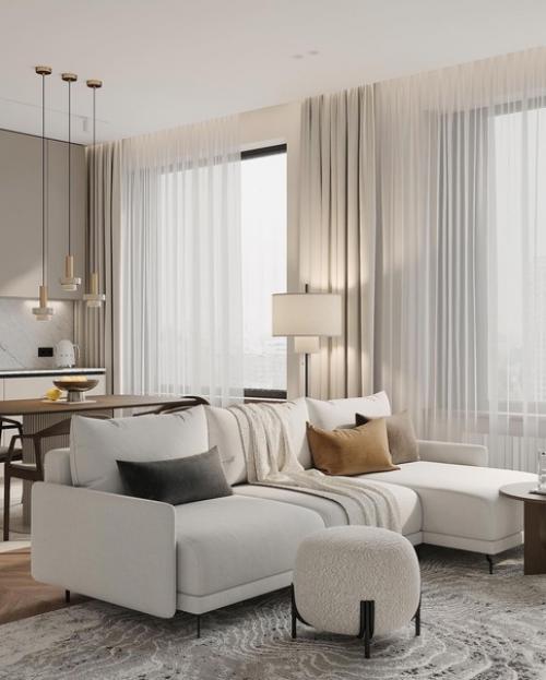 Светлый стильный интерьер кухни - гостиной с приятным сочетанием оттенков. 03