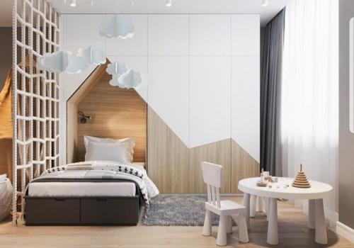 Аккуратный и функциональный интерьер детской комнаты в нейтральных цветах. 02