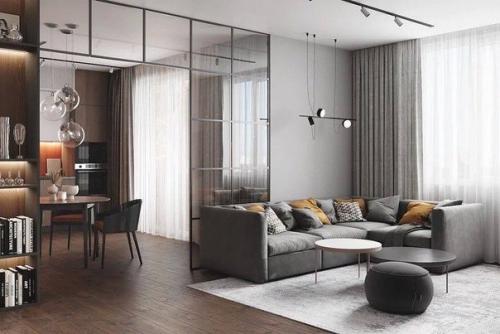 Современный интерьер просторной кухни - гостиной с насыщенным ярким фартуком. 06