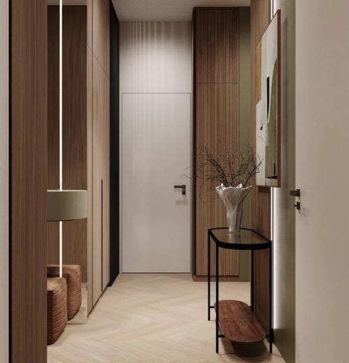 29 кв.  м. кухня - гостиная и коридор в светло-бежевых тонах. 09