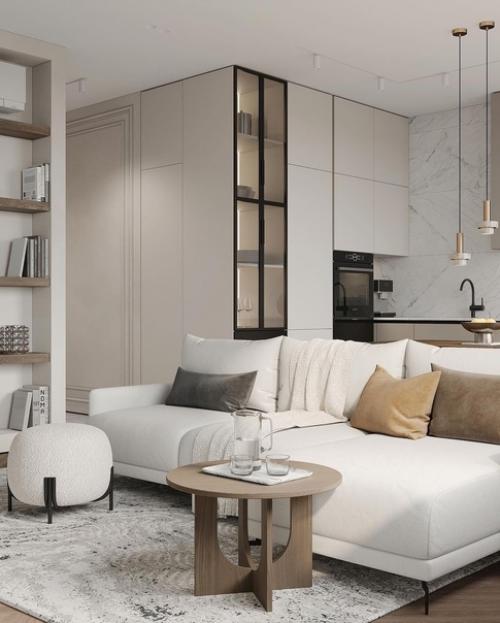 Светлый стильный интерьер кухни - гостиной с приятным сочетанием оттенков. 02