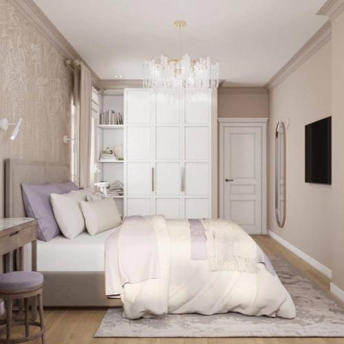 Современный интерьер спальни в светло-бежевых тонах. 01