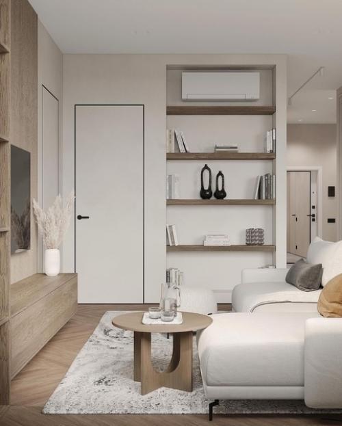 Светлый стильный интерьер кухни - гостиной с приятным сочетанием оттенков. 06