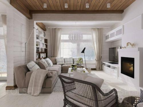 Дизайн дома из бруса в выбеленных тонах создаёт ощущение света, чистоты и особой, почти сказочной атмосферы. 02