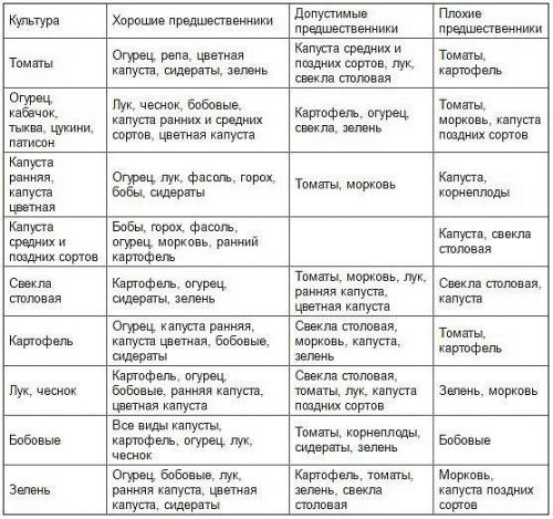 Таблица чередования посевов овощей в огороде. 01