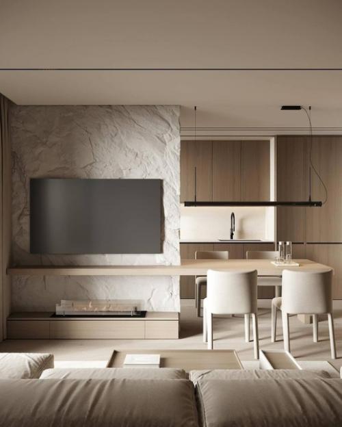 Бежевый интерьер кухни - гостиной в стиле минимализма, выглядеть стильно, сдержанно и уютно, подчеркивая функциональность пространства. 01