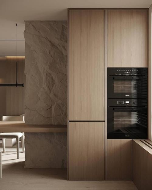 Бежевый интерьер кухни - гостиной в стиле минимализма, выглядеть стильно, сдержанно и уютно, подчеркивая функциональность пространства. 05