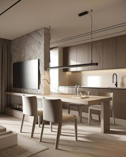 Бежевый интерьер кухни - гостиной в стиле минимализма, выглядеть стильно, сдержанно и уютно, подчеркивая функциональность пространства. 02