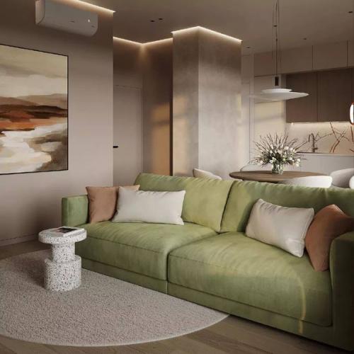 Умеренный дизайн и максимум функциональности - два момента, которых придерживались создавая эту кухню - гостиную. 01