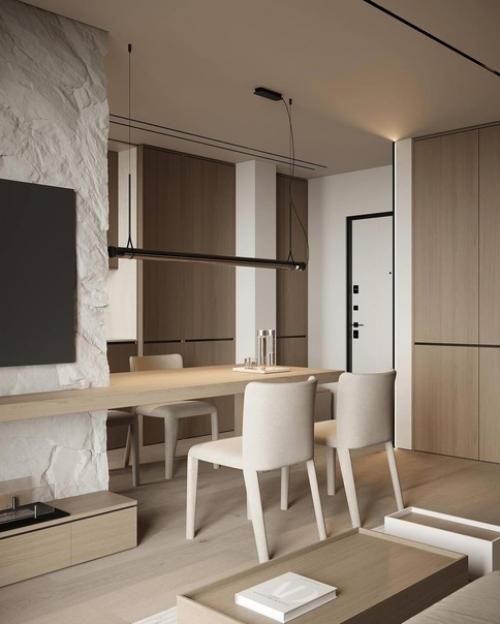 Бежевый интерьер кухни - гостиной в стиле минимализма, выглядеть стильно, сдержанно и уютно, подчеркивая функциональность пространства. 03