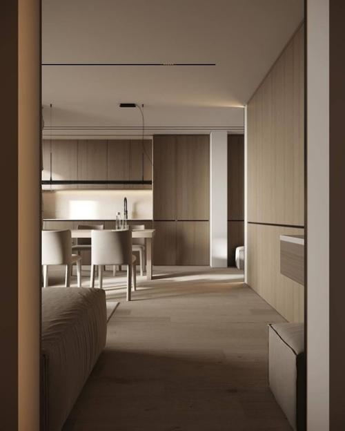 Бежевый интерьер кухни - гостиной в стиле минимализма, выглядеть стильно, сдержанно и уютно, подчеркивая функциональность пространства. 06