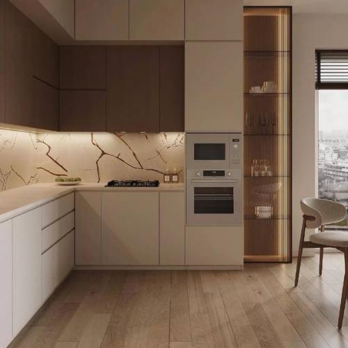 Умеренный дизайн и максимум функциональности - два момента, которых придерживались создавая эту кухню - гостиную. 03