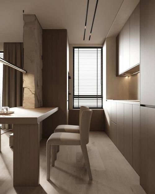 Бежевый интерьер кухни - гостиной в стиле минимализма, выглядеть стильно, сдержанно и уютно, подчеркивая функциональность пространства. 04