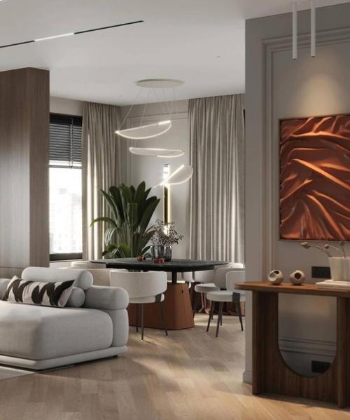 Красивые цвета и текстуры, сочетающиеся друг с другом, в современном интерьере просторной квартиры. 06