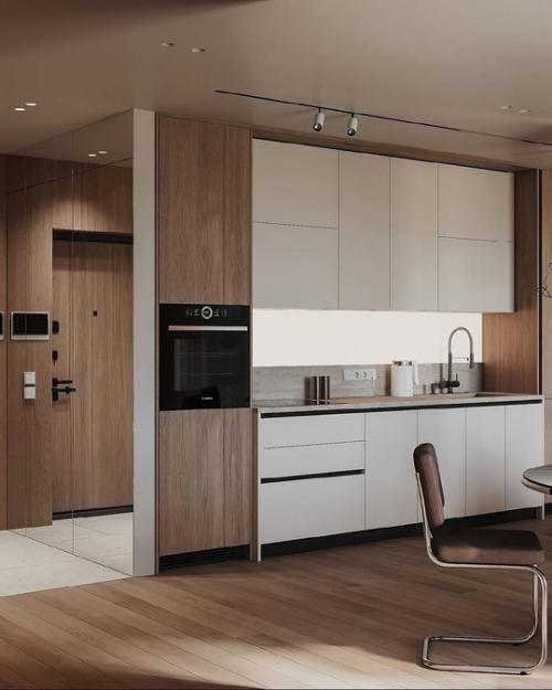 Интерьер кухни - гостиной площадью 29 квадратных метров в тёплых тонах. 08