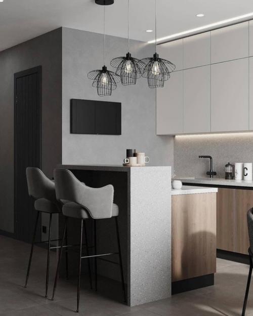 Стильный интерьер кухни - гостиной в природной цветовой гамме в современном стиле. 01