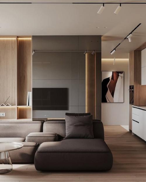 Интерьер кухни - гостиной площадью 29 квадратных метров в тёплых тонах. 09