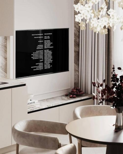 Интерьер в современном стиле прихожей и кухни - гостиной в светлых тонах. 04