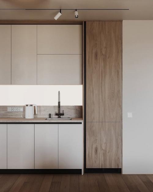 Интерьер кухни - гостиной площадью 29 квадратных метров в тёплых тонах. 04