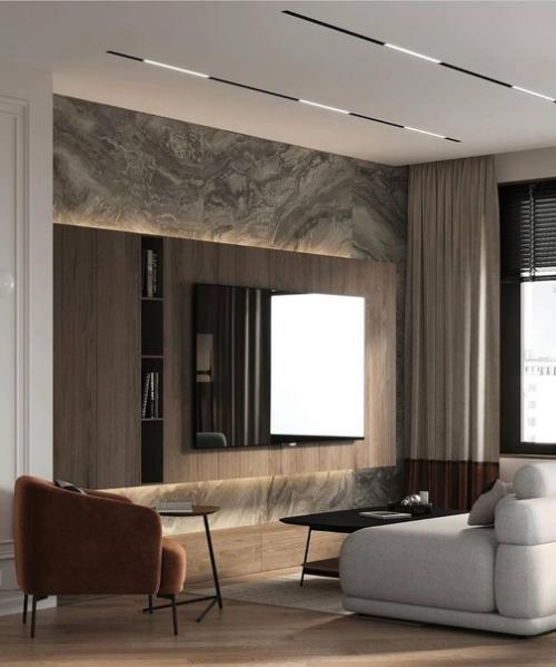 Красивые цвета и текстуры, сочетающиеся друг с другом, в современном интерьере просторной квартиры. 04