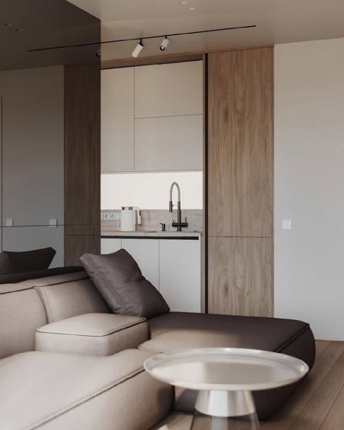 Интерьер кухни - гостиной площадью 29 квадратных метров в тёплых тонах. 05