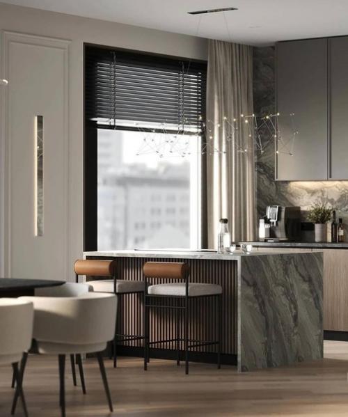 Красивые цвета и текстуры, сочетающиеся друг с другом, в современном интерьере просторной квартиры. 01