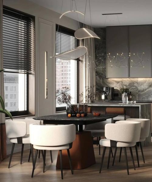 Красивые цвета и текстуры, сочетающиеся друг с другом, в современном интерьере просторной квартиры. 09