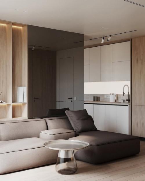 Интерьер кухни - гостиной площадью 29 квадратных метров в тёплых тонах. 06