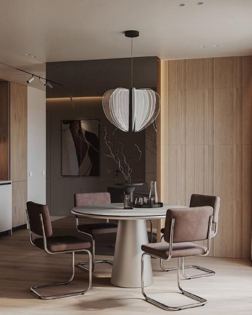 Интерьер кухни - гостиной площадью 29 квадратных метров в тёплых тонах. 02