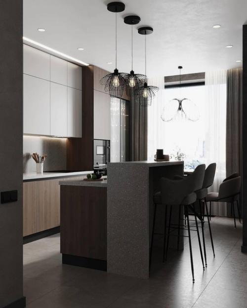 Стильный интерьер кухни - гостиной в природной цветовой гамме в современном стиле. 02