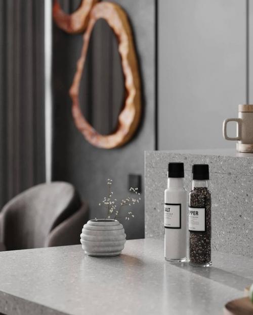 Стильный интерьер кухни - гостиной в природной цветовой гамме в современном стиле. 06