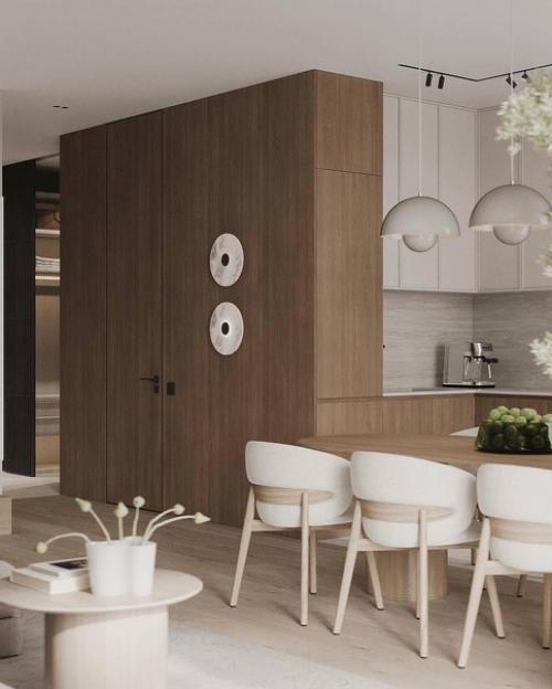 Интерьер небольшой уютной кухни - гостиной в светло-бежевых оттенках. 02