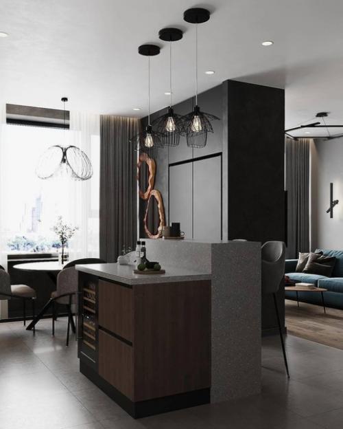 Стильный интерьер кухни - гостиной в природной цветовой гамме в современном стиле. 03