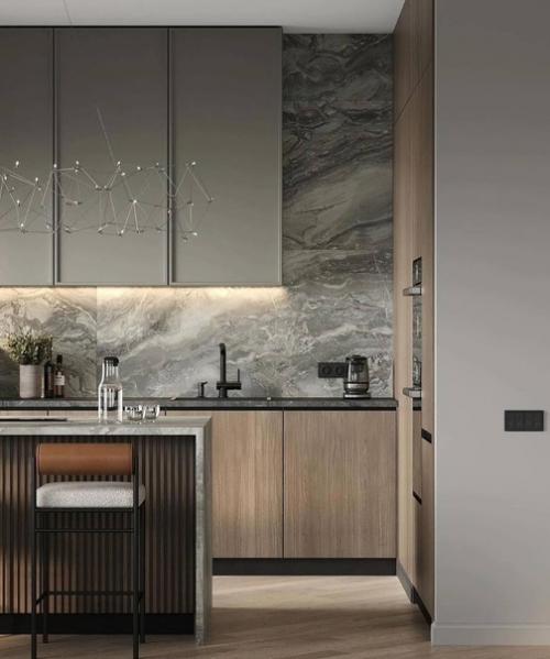 Красивые цвета и текстуры, сочетающиеся друг с другом, в современном интерьере просторной квартиры. 02